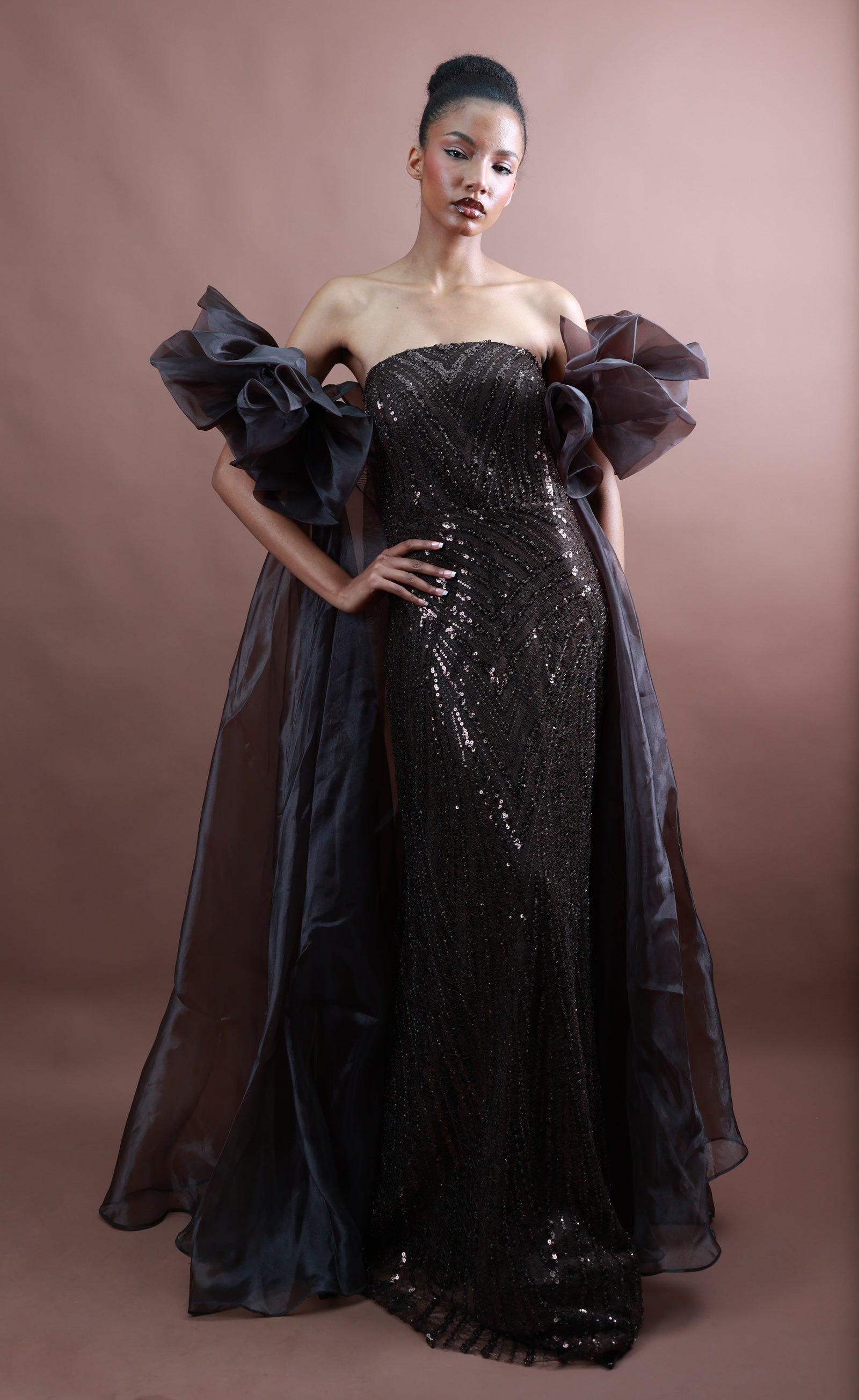 Menbur Dress Strapless Ruffle Sle Brown