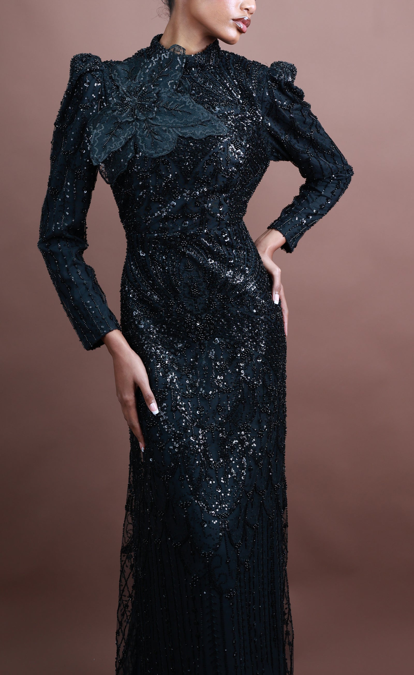 Menbur Dress Ls Net Sequence Black