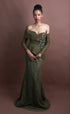 Menbur Dress Off Shoulder Net Ls  Olive