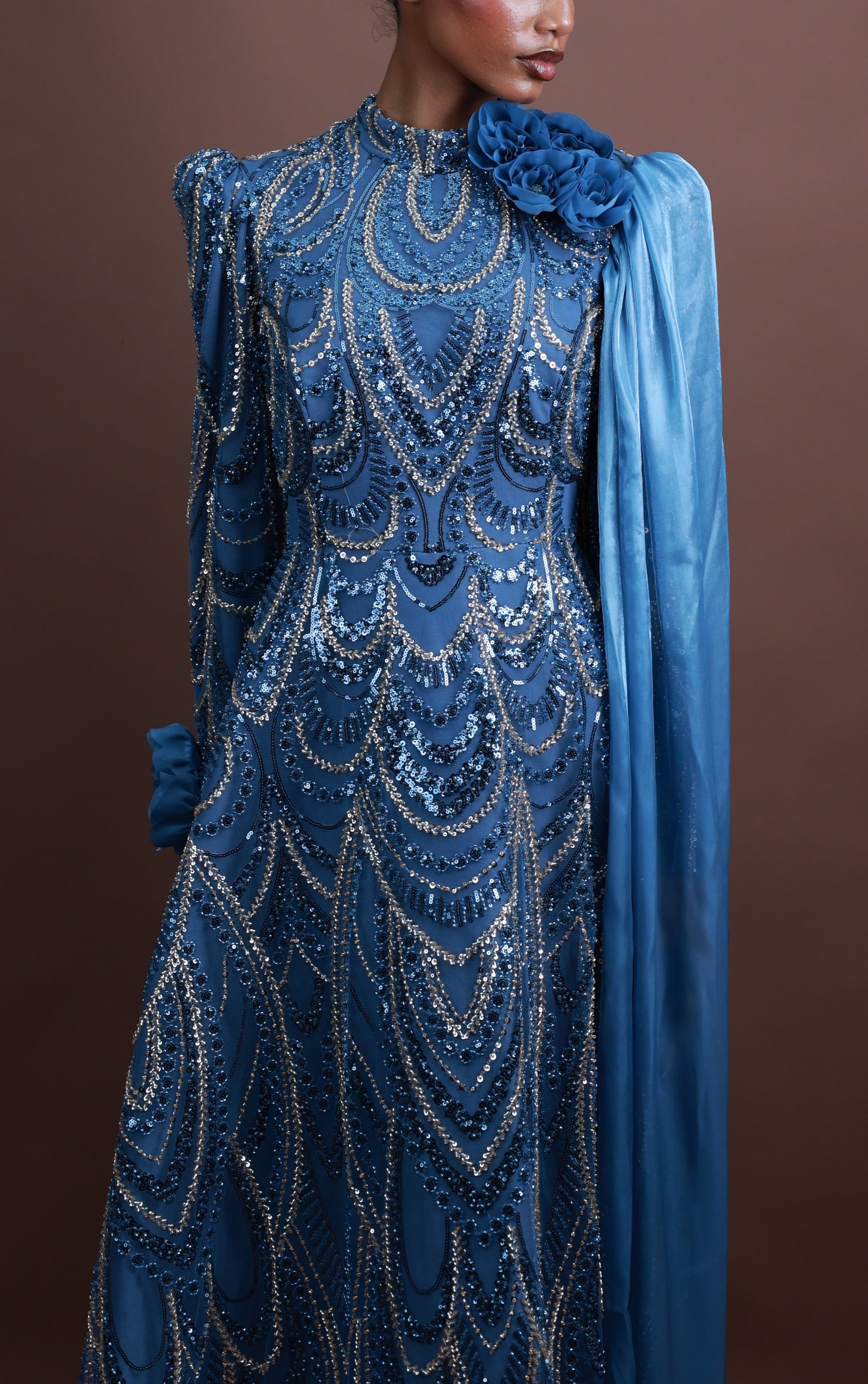 Menbur Dress Seq Pattern Flow Blue